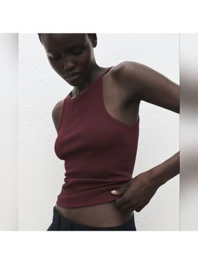 Mango Chocolate Brown Ribbed High Neck Tank Top